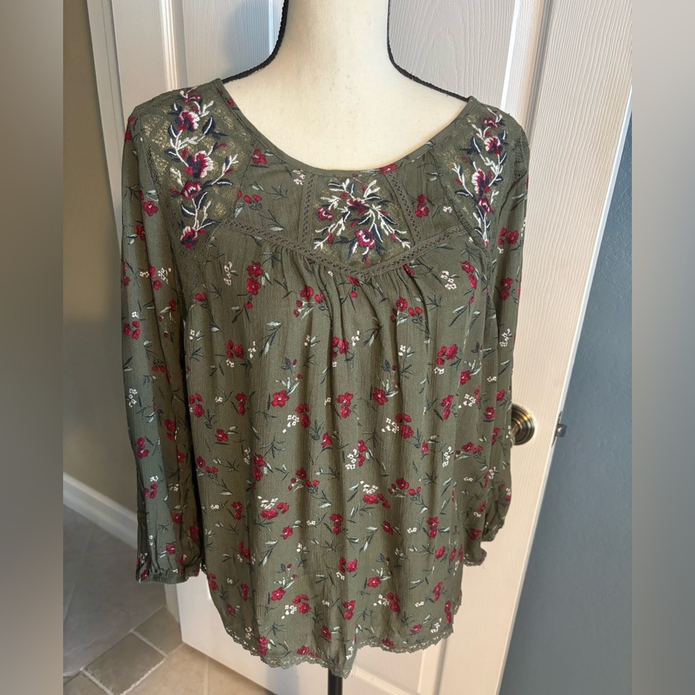 Mason & Belle Tempesta Lace Floral Embroidered Green Blouse 3/4 Sleeve Sz M NWT